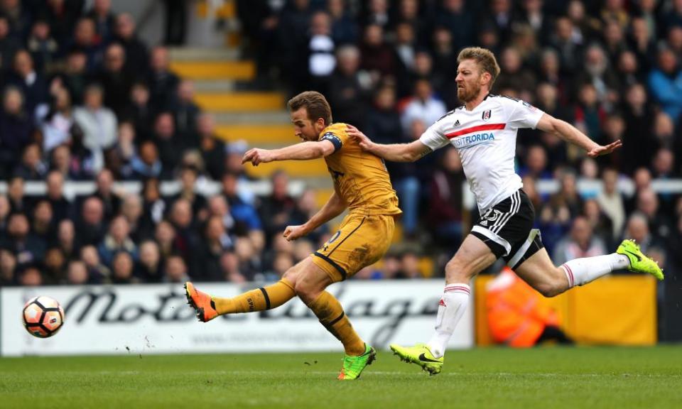 Harry Kane scores Tottenham’s third goal and completes his hat-trick at Craven Cottage