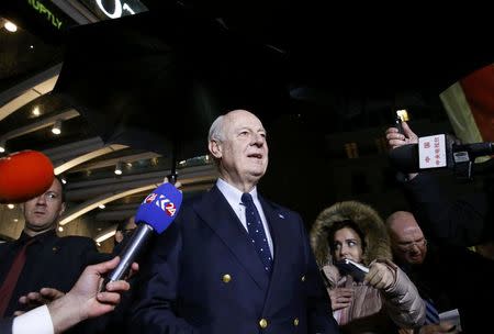 U.N. mediator for Syria Staffan de Mistura gestures during a news conference on the Syrian peace talks outside President Wilson hotel in Geneva, Switzerland February 3, 2016. REUTERS/Denis Balibouse