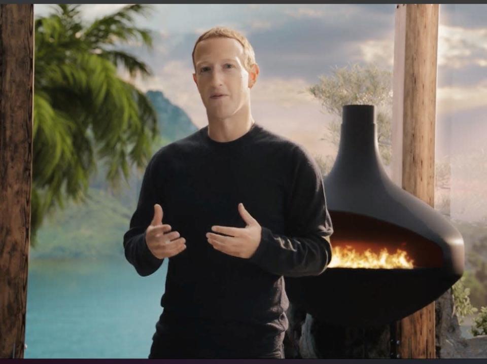 Mark Zuckerberg standing in his metaverse living room during a presentation on Facebook's VR future and name change.