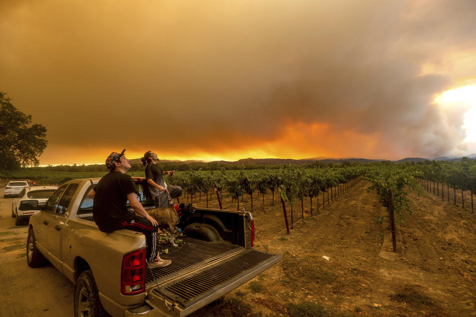 FILE - In this Aug. 20, 2020, file photo, Thomas Henney, right, and Charles Chavira watch a plume spread over Healdsburg, Calif., as the LNU Lightning Complex fires burn. Smoke from the West Coast wildfires has tainted grapes in some of the nation’s most celebrated wine regions. The resulting ashy flavor could spell disaster for the 2020 vintage. (AP Photo/Noah Berger, File)