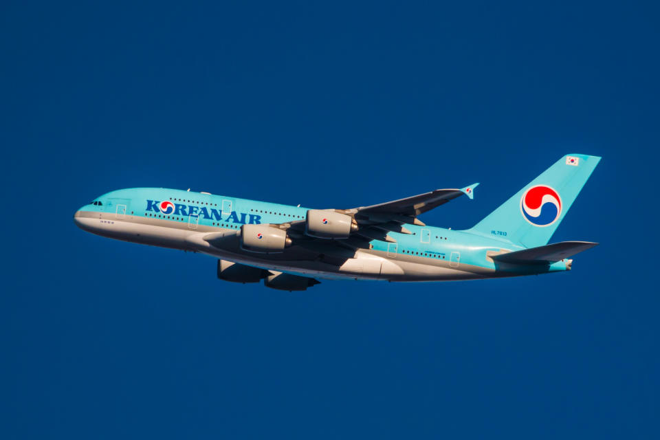 East Hills, NY, USA - January 1, 2017: Korean Airlines A380 aircraft approaching JFK International Airport in New York City.