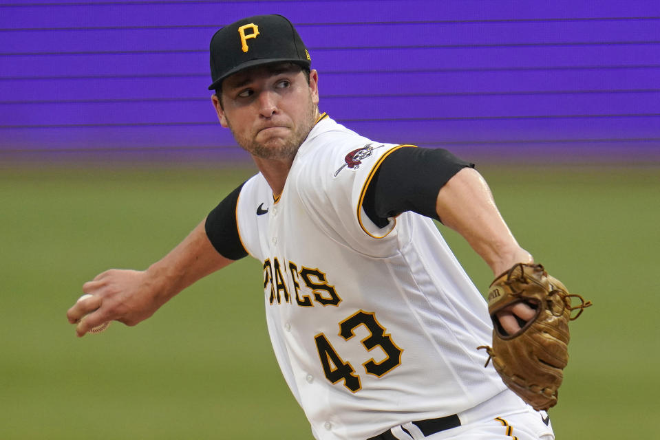 Pittsburgh Pirates starting pitcher Jerod Eickhoff delivers during the first inning his major league debut during a baseball game against the Chicago Cubs in Pittsburgh, Wednesday, June 22, 2022. (AP Photo/Gene J. Puskar)