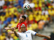 Switzerland's Josip Drmic (top) fights for the ball with Wilson Palacios of Honduras during their 2014 World Cup Group E soccer match at the Amazonia arena in Manaus June 25, 2014. REUTERS/Dominic Ebenbichler (BRAZIL - Tags: SOCCER SPORT WORLD CUP TPX IMAGES OF THE DAY)