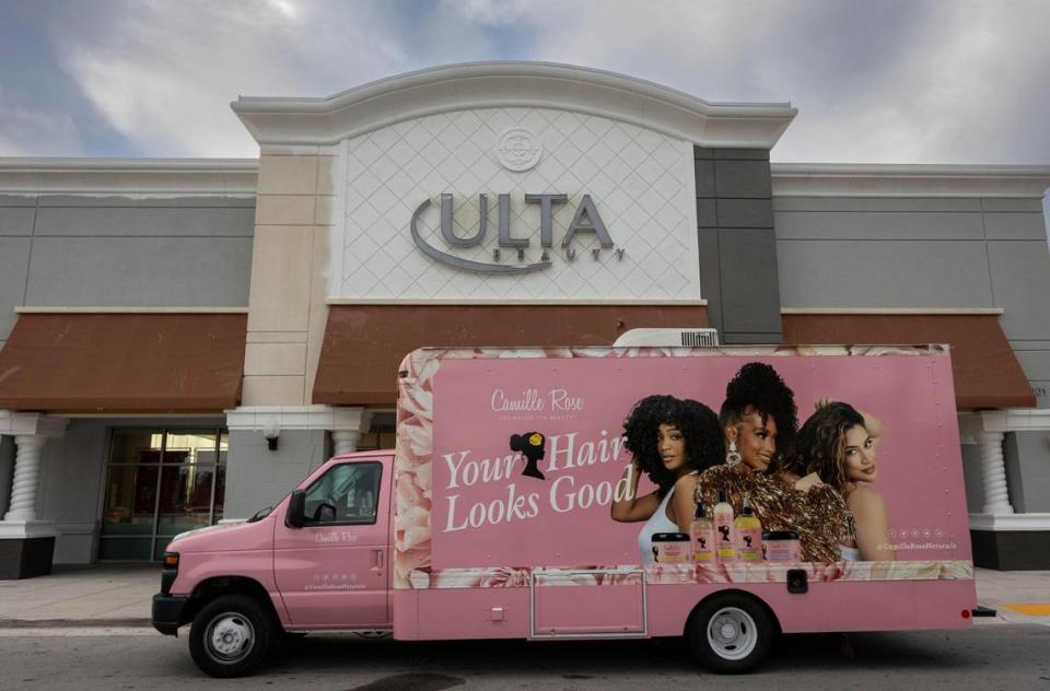 A truck with a beauty salon inside from Camille Rose beauty products is parked outside the Ulta Beauty store in Miami where a team of representatives of the brand introduced and educated customers on their line of beauty products, on Wednesday, November 29, 2023.