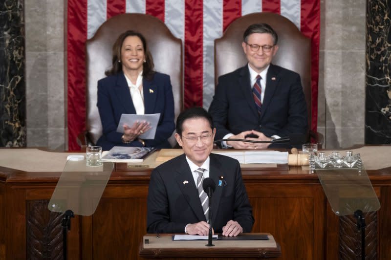 Japanese Prime Minister Fumio Kishida addresses a joint meeting of Congress in the House of Representatives on Thursday. The prime minister urged the United States to remember its global role during "unprecedented" challenges of Chinese military action. Photo by Bonnie Cash/UPI