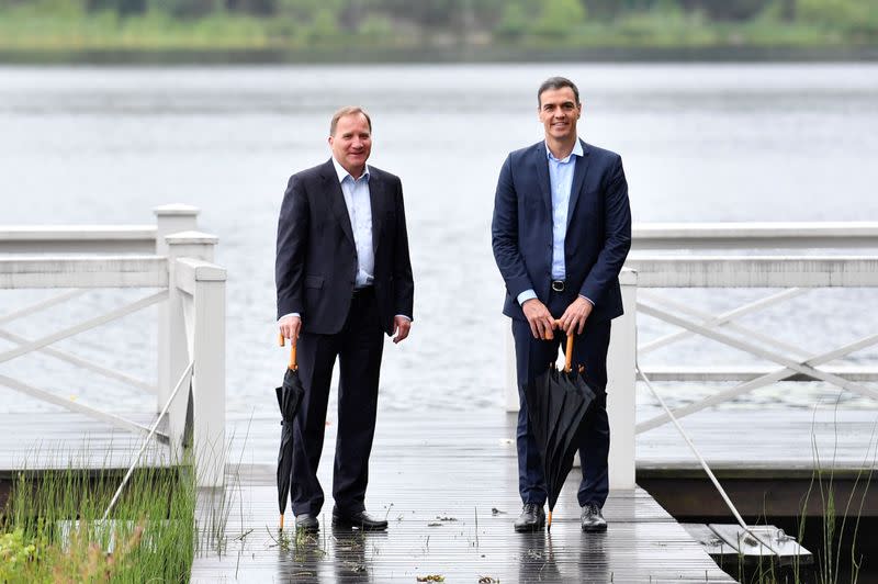 Spanish Prime Minister Pedro Sanchez and Sweden's Prime Minister Stefan Lofven pose for a photo during their meeting in Harpsund