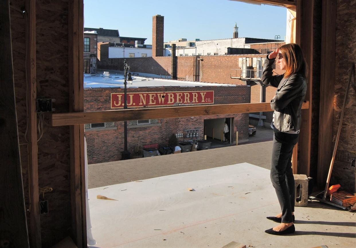 Cynthia Cutright, the city's DDA director recently promoted to oversee special projects, looks over downtown from the developing Wrigley Center on Monday, Nov. 8, 2021.