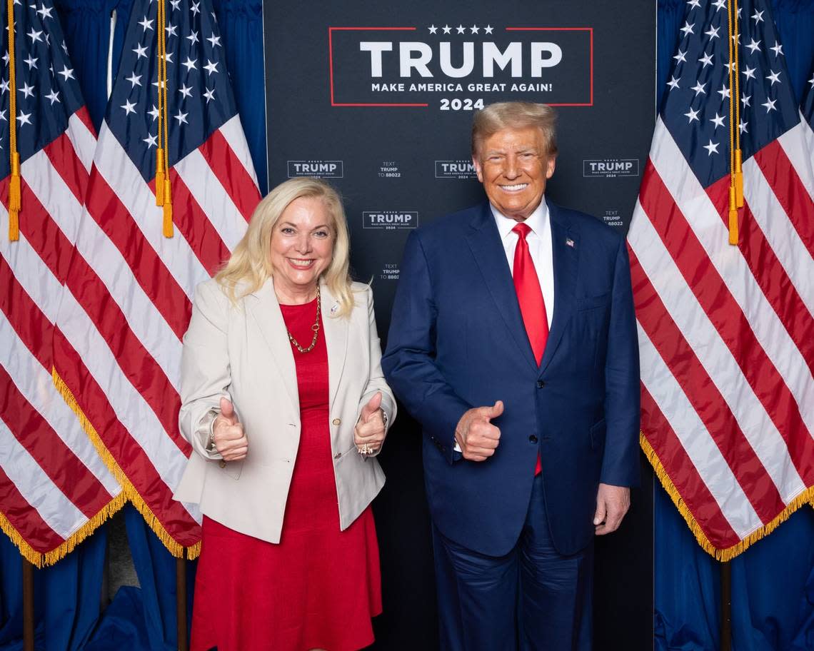Florida state Rep. Alina Garcia, a Republican candidate for Miami-Dade elections supervisor, poses with former President Donald Trump on Nov. 8, 2023, in Hialeah. Trump endorsed Garcia’s county candidacy on April 30, 2024.