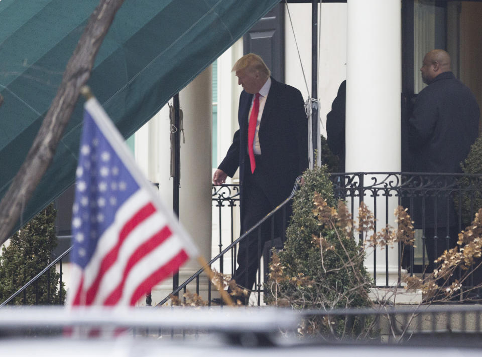 <p>President-elect Donald J. Trump departs Blair House to attend a church service at St. John’s Episcopal Church on Inauguration Day on January 20, 2017 in Washington, DC. (Photo: Chris Kleponis – Pool/Getty Images) </p>