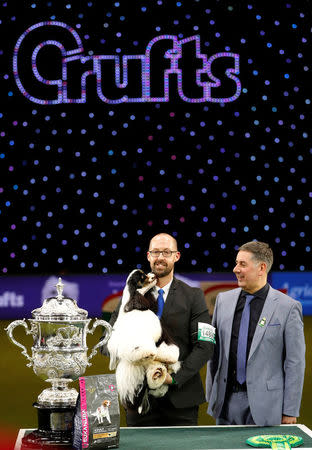 American Cocker Spaniel Miami poses with its handler Jason Lynn and judge Jeff Horswell (R) after being awarded best in show during the final day of the Crufts Dog Show in Birmingham, Britain March 12, 2017. REUTERS/Darren Staples