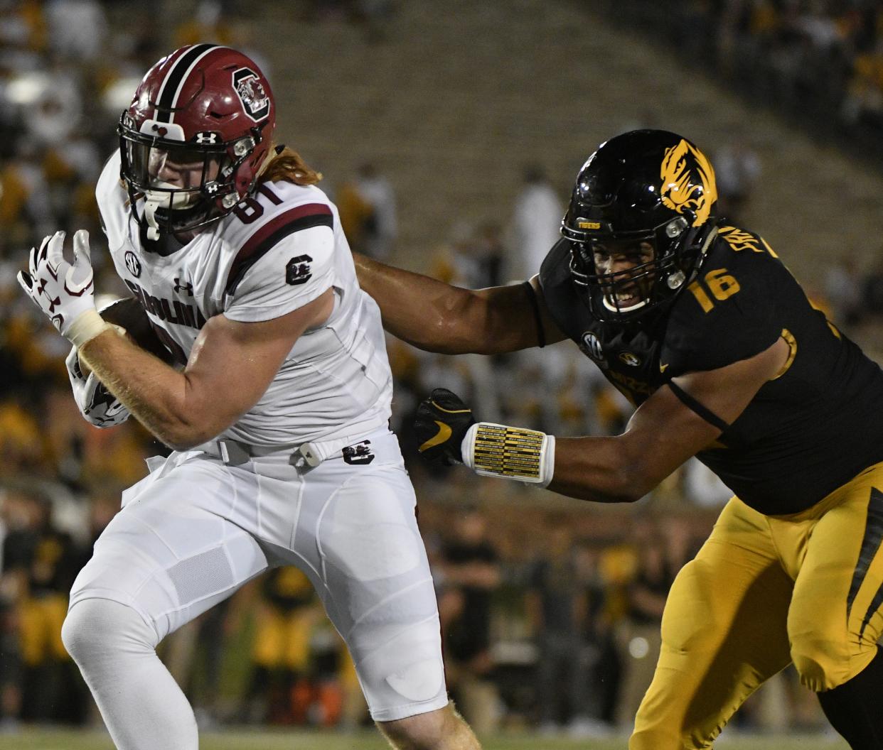 Missouri’s Marcell Frazier (No. 16) finished his senior season with 15.5 tackles for loss and seven sacks. (Photo by Ed Zurga/Getty Images)