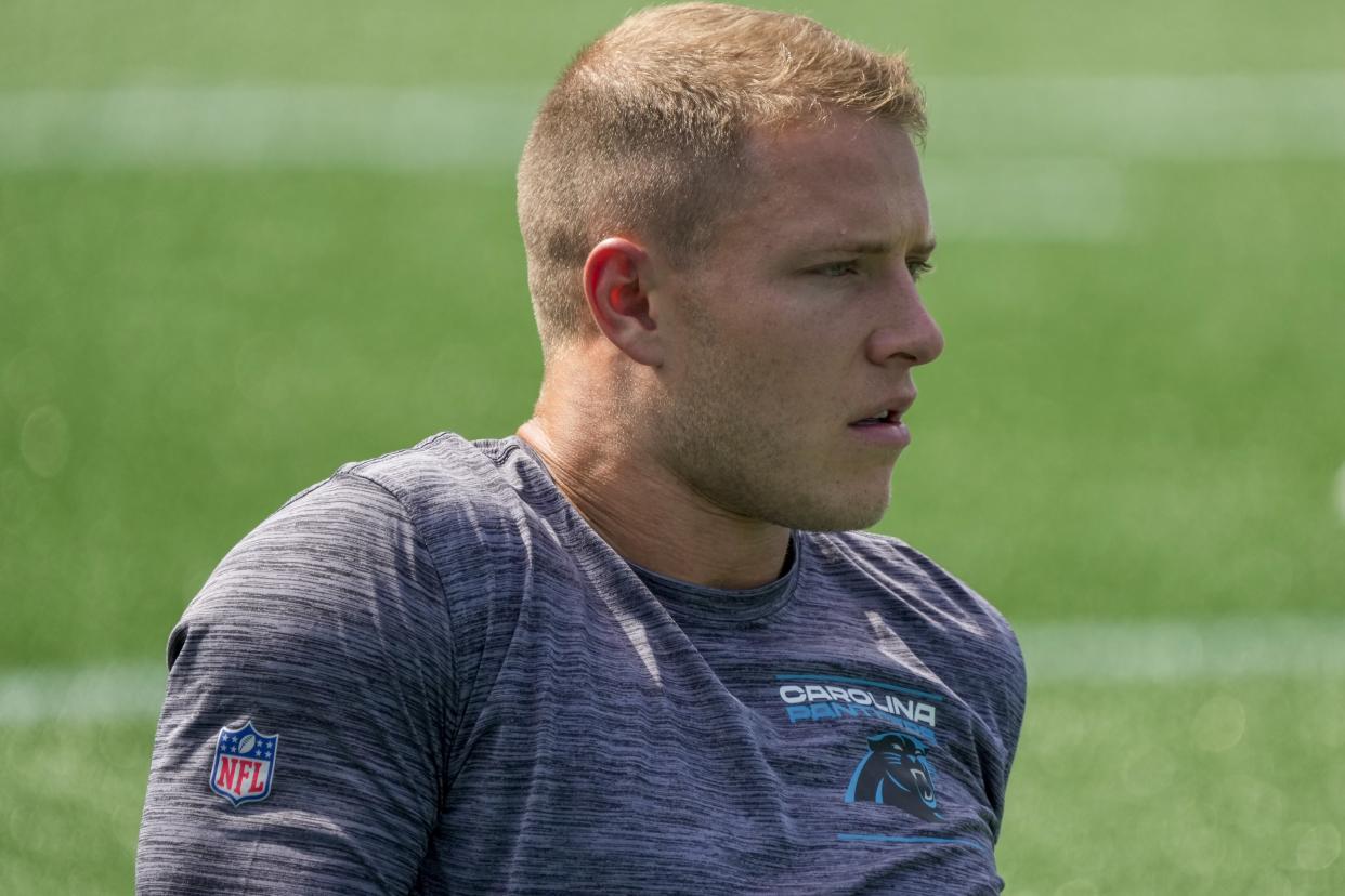 Sep 19, 2021; Charlotte, North Carolina, USA; Carolina Panthers running back Christian McCaffrey (22) during the pregame action New Orleans Saints at Bank of America Stadium. Mandatory Credit: Jim Dedmon-USA TODAY Sports