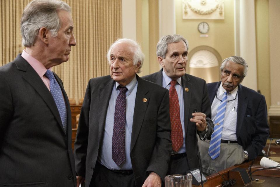 Democratic members of the House Ways and Means Committee, from left, Rep. Richard Neal, D-Mass., Rep. Sander Levin, D-Mich., the committee's ranking member, Rep. Lloyd Doggett, D-Texas, and Rep. Charles B. Rangel, D-NY, speak to reporters on Capitol Hill in Washington, Wednesday, April 9, 2014, after the GOP-controlled panel voted to refer former Internal Revenue Service official Lois Lerner to the Justice Department for possible criminal prosecution in the agency's tea party controversy. Committee investigators say they have uncovered evidence that Lois Lerner may have violated the constitutional rights of conservative groups, misled investigators and risked exposing confidential taxpayer information. (AP Photo/J. Scott Applewhite)