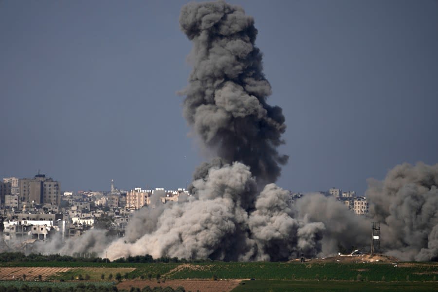 Smoke rises following an Israeli airstrike in the Gaza Strip, as seen from southern Israel, Friday, Oct. 20, 2023. (AP Photo/Francisco Seco)