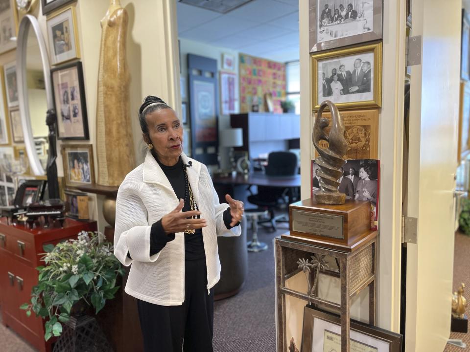 Xernona Clayton, a key aide to Martin Luther King Jr. and Coretta Scott King who helped sustain the civil rights movement in the 1960s, is interviewed in her offices at the Trumpet Foundation in Atlanta, on June 3, 2022. (AP Photo/Michael Warren)