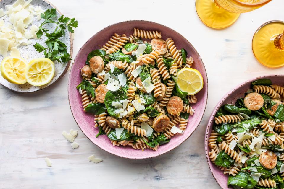 Chicken Sausage & Spinach Skillet Pasta with Lemon & Parmesan