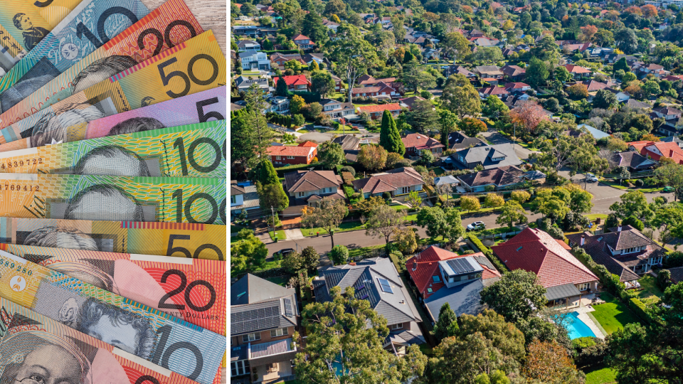 Australian currency fanned out and the aerial view of property in a leafy Australian suburb.