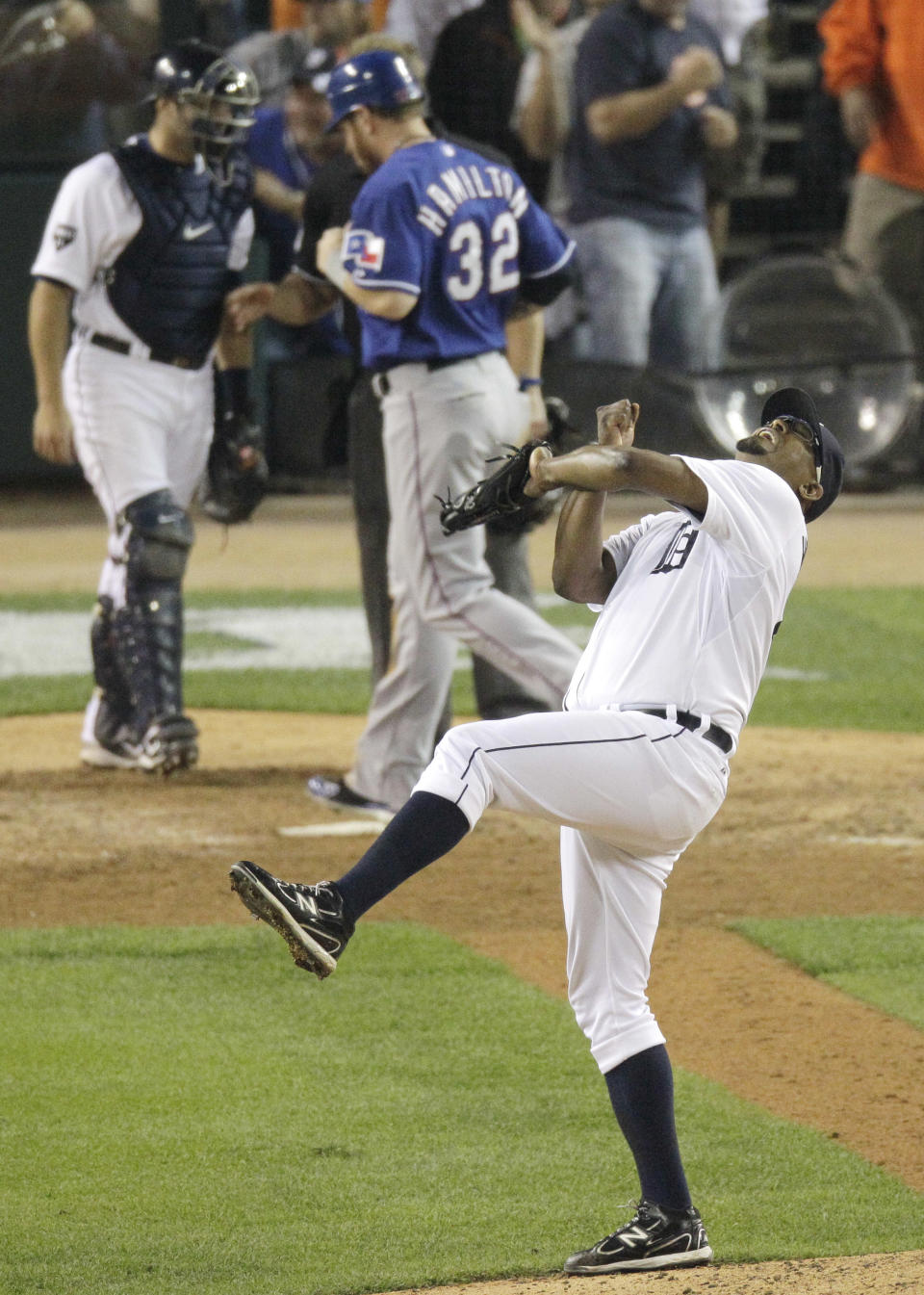 Detroit Tigers relief pitcher Jose Valverde reacts after the third out in the ninth inning of Game 3 in baseball's American League championship series against the Texas Rangers, Tuesday, Oct. 11, 2011, in Detroit. (AP Photo/Mark Duncan)