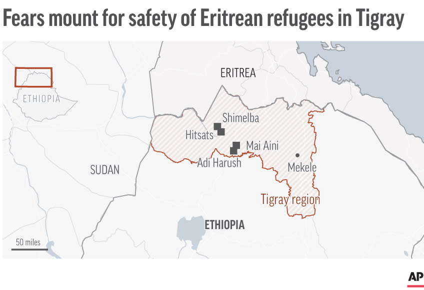 Map of Ethiopia’s northern Tigray region locates camps.