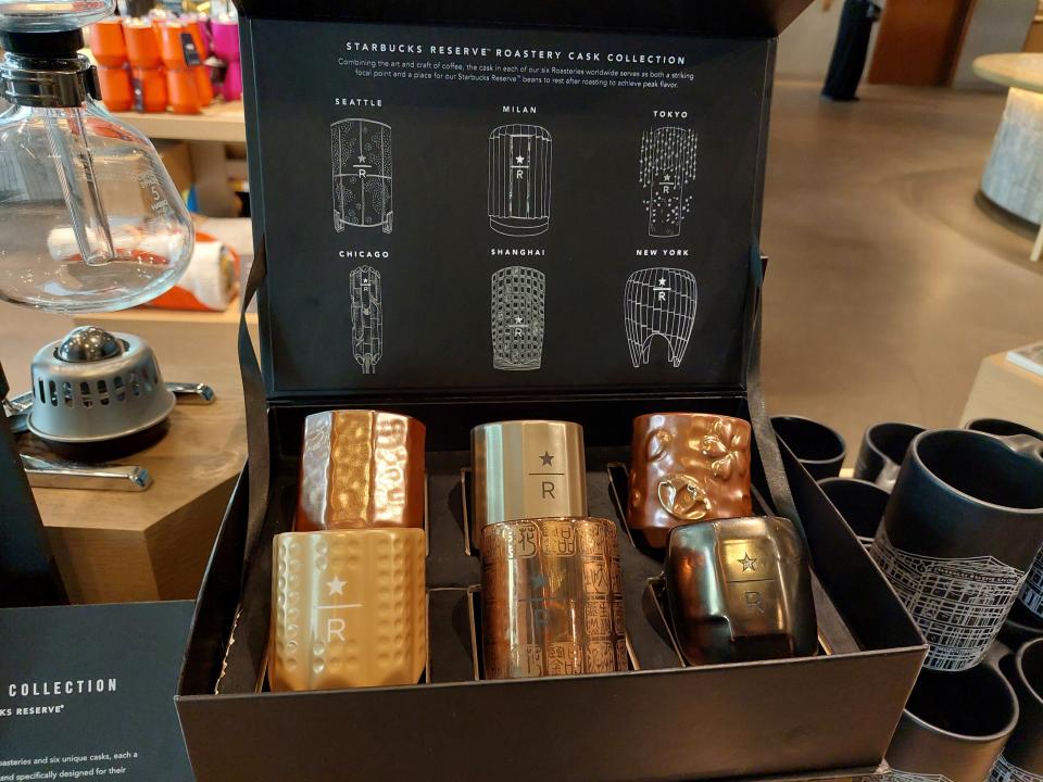 Merchandise for sale at the Starbucks Reserve Roastery in Chicago