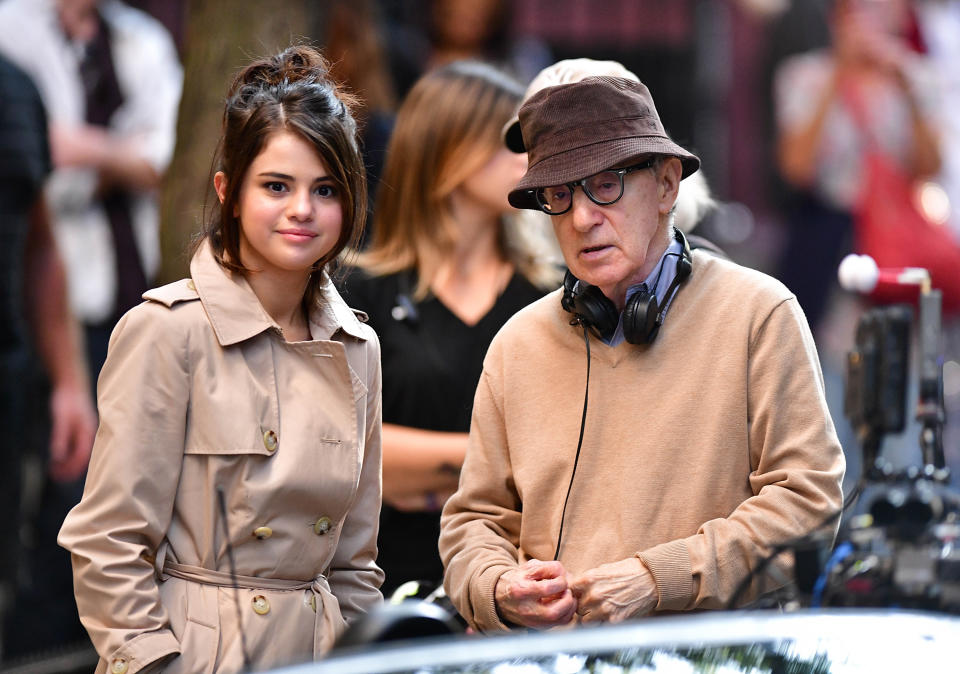 Selena Gomez on the set with Woody Allen on Sept. 11. (Photo: Getty Images)