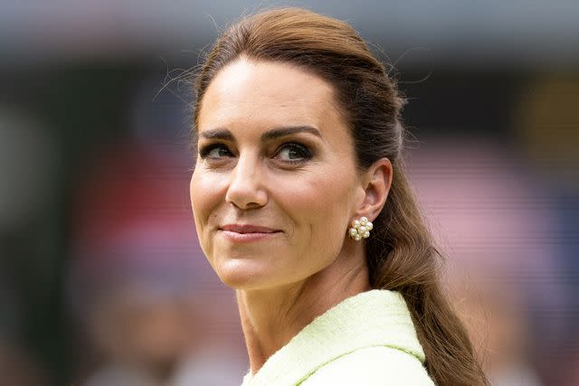 <p>Simon Bruty/Anychance/Getty</p> Kate Middleton attends Wimbledon on July 15, 2023