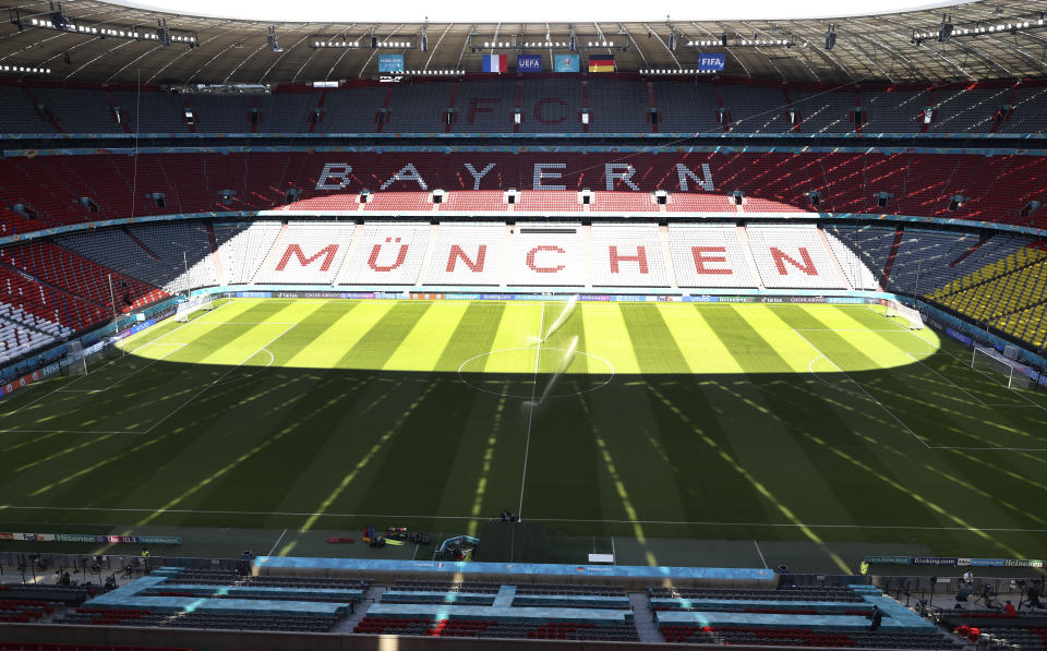 Interior view of the Allianz Arena stadium in Munich, Monday, June 14, 2021 the day before the Euro 2020 soccer championship group F match between France and Germany. (Alexander Hassenstein, Pool via AP)