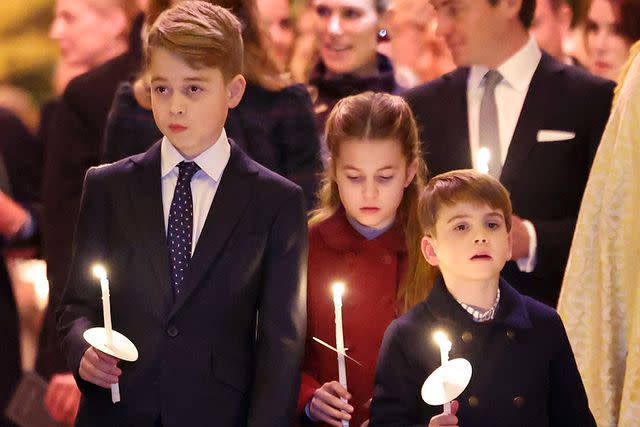 <p>Chris Jackson/Getty</p> Prince George, Princess Charlotte and Prince Louis at Kate Middleton's Christmas carol concert on Dec. 8.