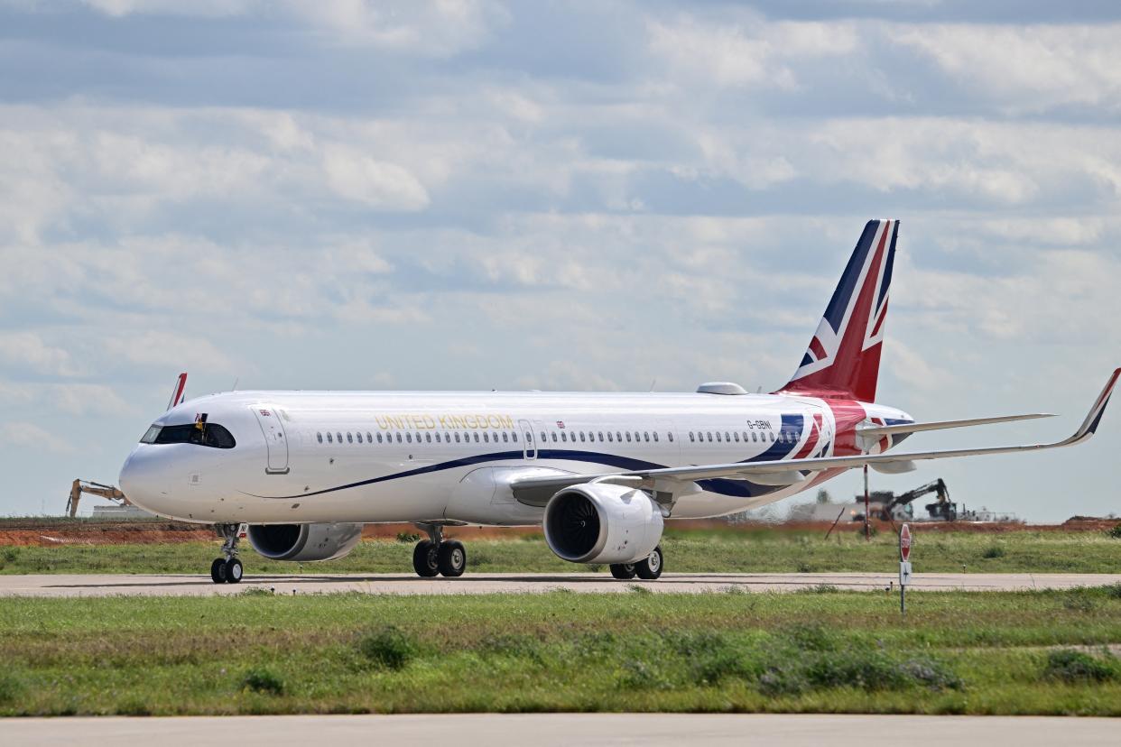 The aircraft transporting Britain's King Charles and Britain's Queen Camilla lands at the Orly Airport (via REUTERS)