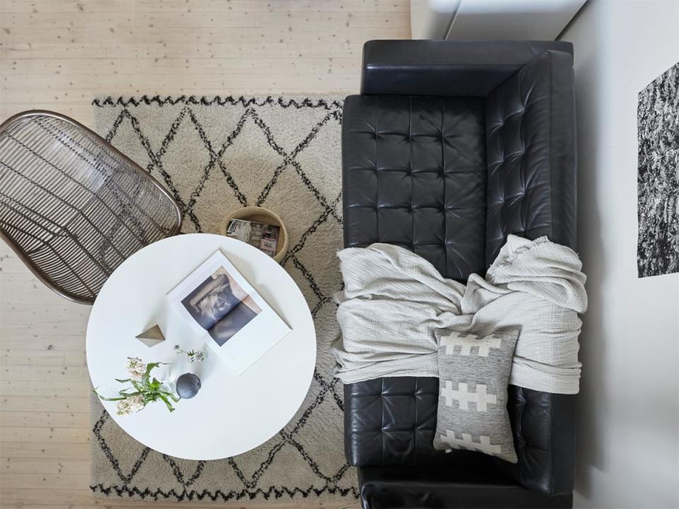 Bird's-eye-view of black, white, and gray living room