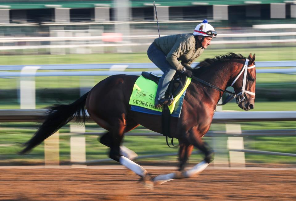 Kentucky Derby contender Catching Freedom trains at Churchill Downs April 25, 2024 in Louisville, Ky. The horse is trained by Brad Cox. Jockey Flavian Plat is slated to ride. Owners are Albaugh Family Stables LLC.
