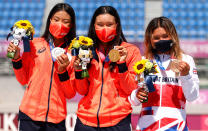 <p>Bronze medalist Sky Brown of Team Great Britain (right), Gold medalist Sakura Yosozumi of Team Japan (center) and Silver medalist Kokona Hiraki of Team Japan (left) celebrate after the Women's Skateboarding Park Finals on day twelve of the Tokyo 2020 Olympic Games at Ariake Urban Sports Park on August 04, 2021 in Tokyo, Japan. (Photo by Ezra Shaw/Getty Images)</p> 