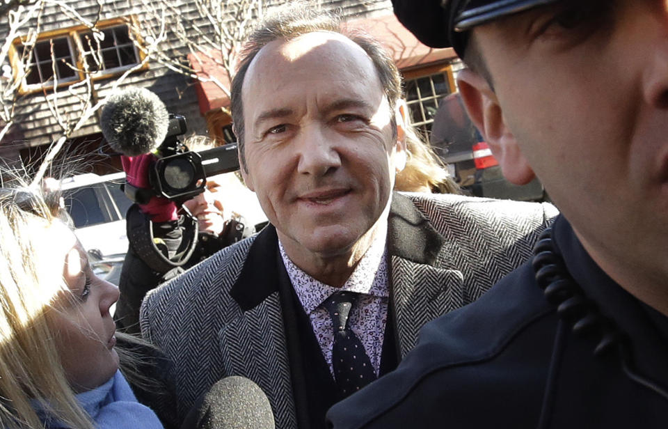 FILE - In this Jan. 7, 2019 file photo, actor Kevin Spacey arrives at district court in Nantucket, Mass. On Wednesday, July 17, prosecutors dropped the sexual assault case against Oscar-winning actor, who had been accused of groping 18-year-old man in 2016 in the crowded bar at the Club Car in Nantucket. (AP Photo/Steven Senne, File)