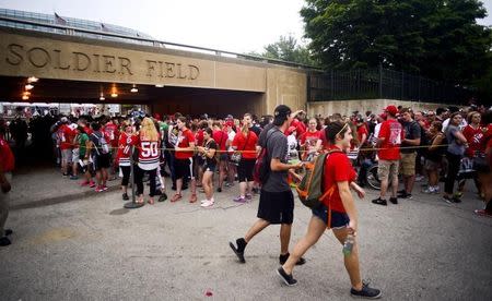 Jun 18, 2015; Chicago, IL, USA; Fans wait to enter Soldier Field before the Chicago Blackhask 2015 Stanley Cup championship rally at Soldier Field. Mandatory Credit: Matt Marton-USA TODAY Sports -