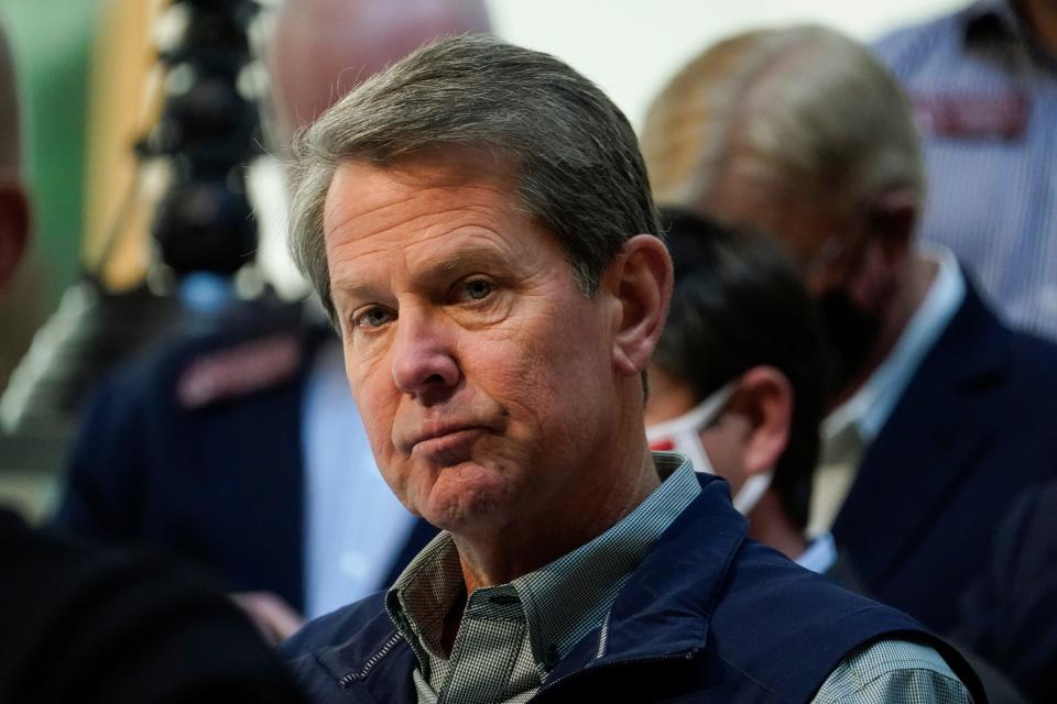 Georgia Gov. Brian Kemp holds a news conference in Atlanta after Major League Baseball's pulled the 2021 All-Star Game from the city over objections to a new state voting law.