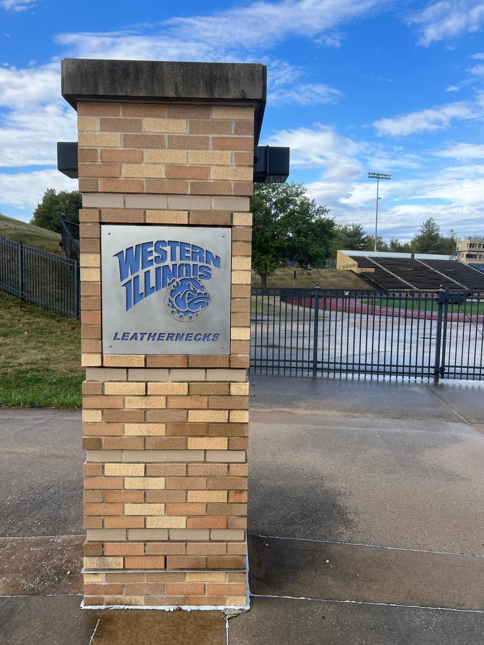 A pillar outside of Hanson Field in Macomb, Ill. marks it as the home of the Western Illinois Leathernecks.