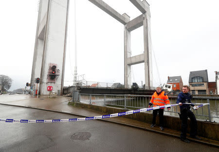 View of a Humbeek lift bridge, which was damaged when lowered onto a barge, blocking Brussels-Scheldt canal traffic, in Humbeek near Brussels, Belgium, January 17, 2019. REUTERS/Francois Lenoir