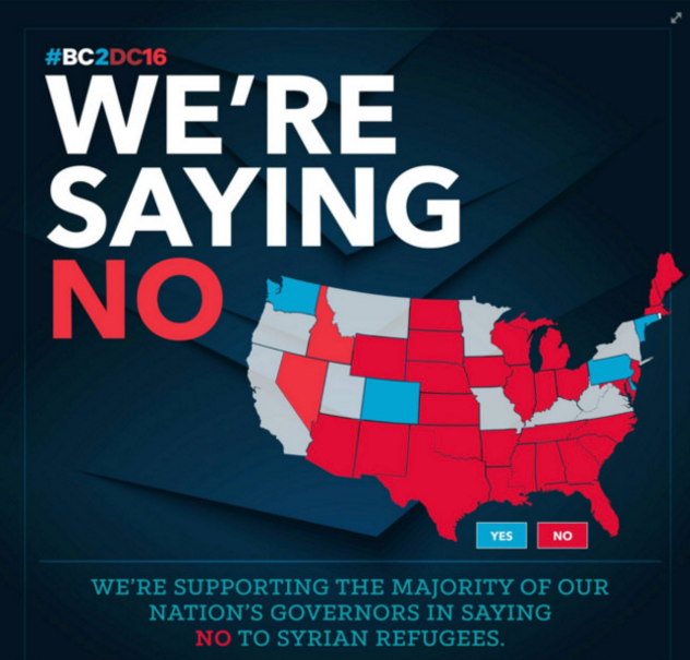 map of the US with red and blue states for the two parties with text that reads, we're supporting the majority of our nation's governors in saying no to Syrian refugees