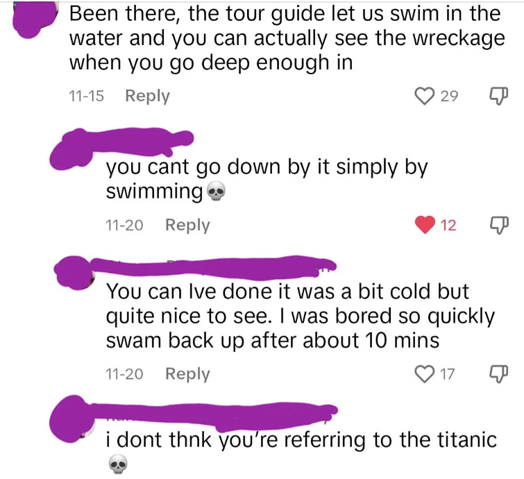 They say tour guide let them swim down to the wreckage; "it was a bit cold but quite nice to see," but they were bored and swam back up after 10 minutes