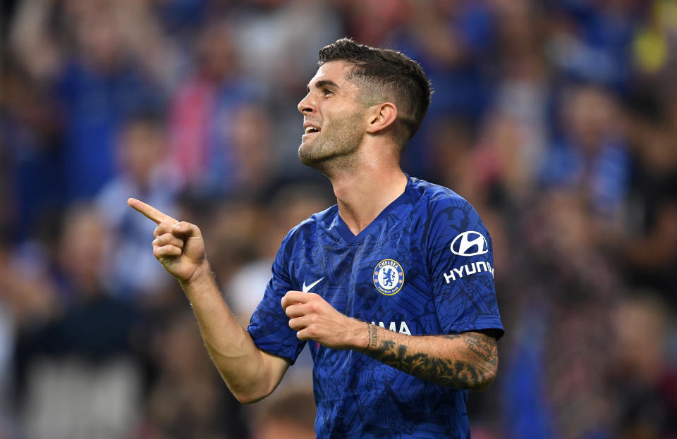 SALZBURG, AUSTRIA - JULY 31: Christian Pulisic of Chelsea celebrates after he scores his sides third goal during the pre-season friendly match between RB Salzburg and FC Chelsea at Red Bull Arena on July 31, 2019 in Salzburg, Austria. (Photo by Darren Walsh/Chelsea FC via Getty Images)