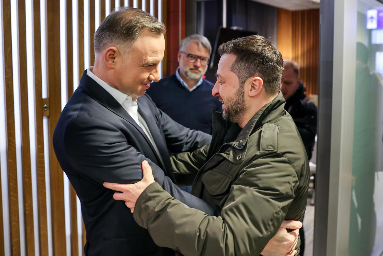 Polish president Andrzej Duda meets Ukrainian president Volodymyr Zelensky near Rzeszow (EPA)