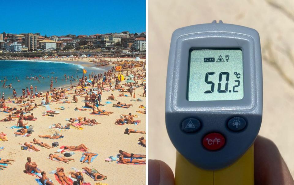 Left: Bondi Beach. Right: Digital thermometer showing 50.2 degrees Celsius
