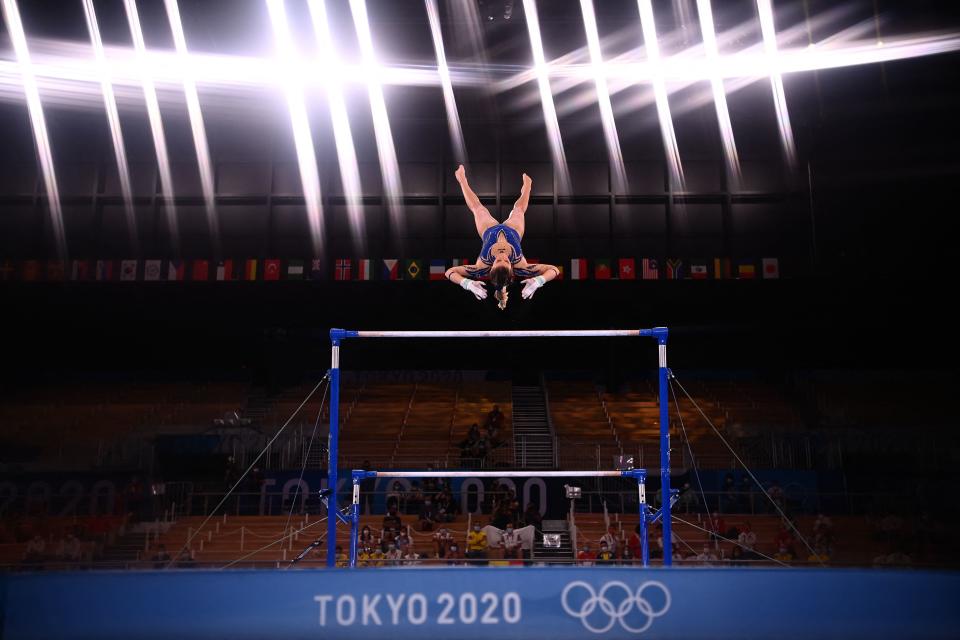 <p>Germany's Elisabeth Seitz competes in the artistic gymnastics women's uneven bars final of the Tokyo 2020 Olympic Games at the Ariake Gymnastics Centre in Tokyo on August 1, 2021. (Photo by Loic VENANCE / AFP) (Photo by LOIC VENANCE/AFP via Getty Images)</p> 