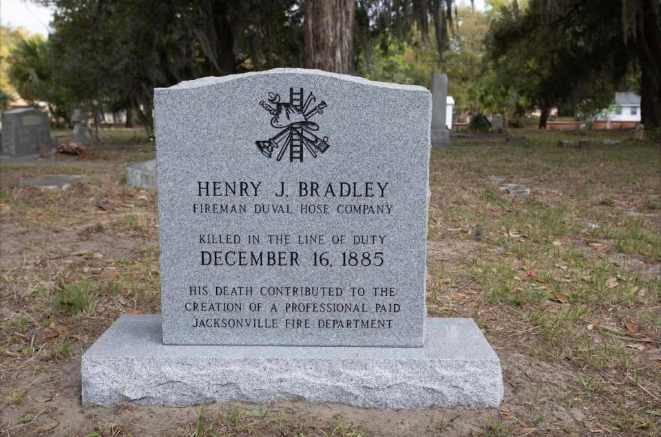 A headstone honoring Henry J. Bradley was unveiled Tuesday at Old City Cemetery. Bradley, who was Black and the first Jacksonville firefighter killed in the line of duty in 1885, was buried in an unmarked grave whose location is still unknown.