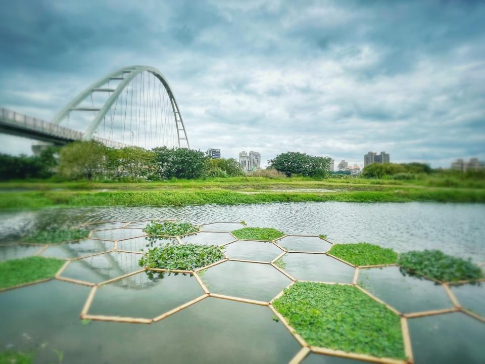 新北濕地水禮服六角造型特色，與自然風景契合。   圖：新北市水利局/提供