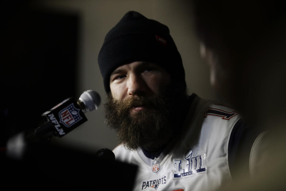 New England Patriots wide receiver Julian Edelman speaks with members of the media during a news conference Thursday, Jan. 31, 2019, ahead of the NFL Super Bowl 53 football game against Los Angeles Rams in Atlanta. (AP Photo/Matt Rourke)