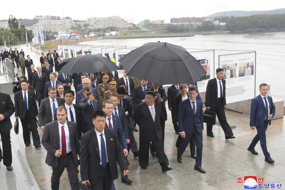 In this photo provided by the North Korean government, North Korea leader Kim Jong Un, front center, visits the Far Eastern Federal University in Russky Island, Vladivostok, Russian Far East Sunday, Sept. 17, 2023. Independent journalists were not given access to cover the event depicted in this image distributed by the North Korean government. The content of this image is as provided and cannot be independently verified. Korean language watermark on image as provided by source reads: "KCNA" which is the abbreviation for Korean Central News Agency. (Korean Central News Agency/Korea News Service via AP)