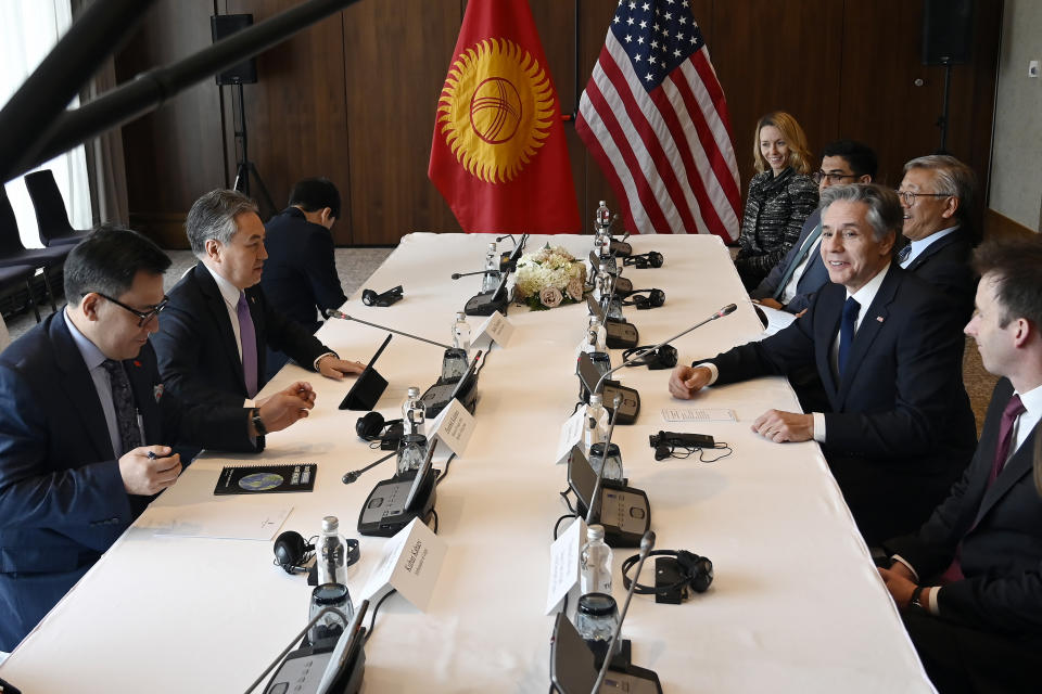 U.S. Secretary of State Antony Blinken, second right, meets with Kyrgyzstan Foreign Minister Jeenbek Kulubaev, second left, at the Ritz Carlton in Astana, Kazakhstan, Tuesday, Feb. 28, 2023. (Olivier Douliery/Pool Photo via AP)