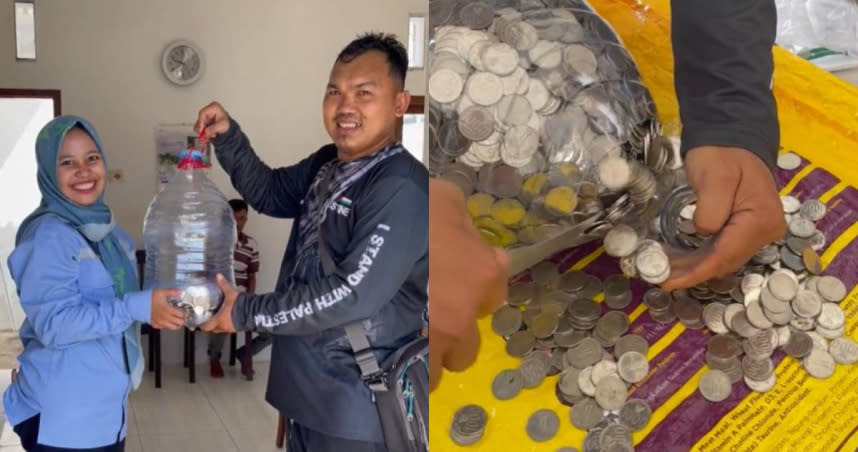 印尼東爪哇省一名41歲父親艾蒙（Imam Subhi）使用「水桶存錢法」成功存了4598萬元（約新台幣9.2萬）的印尼盾硬幣。（圖／TikTok／Dianajlndr）