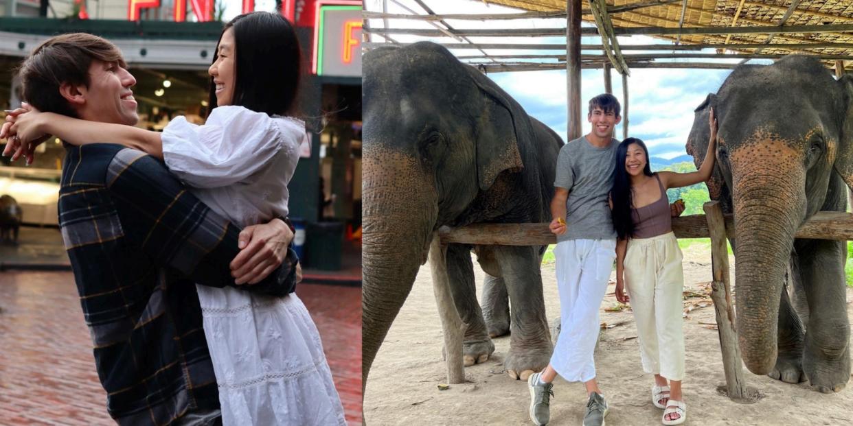Left: Natalie Fischer and her husband embracing. Right: Fischer and her husband standing next two two elephants.